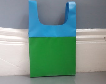 Upcycled market bag, blue and green tote