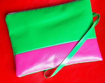 Vegan pouch bag, eco gift, green and pink wristlet