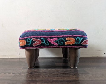 Vintage French Footstool Ottoman: Carved Oak, Embroidered Tapestry