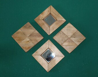 4 Vintage-Wandkunst aus wiedergewonnenem Holz, Holzmosaik, Holzrahmenspiegel, wiedergewonnene Wanddekoration, kleiner Distressed-Spiegel, Kunst aus Treibholz, Boho-Spiegel