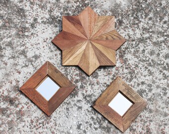 3 Vintage-Wandkunst aus wiedergewonnenem Holz, Holzmosaik, Holzrahmenspiegel, wiedergewonnene Wanddekoration, kleiner Spiegel im Used-Look, Kunst aus Treibholz, rustikaler Holzstern