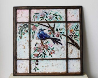 Glasmalerei-Dekor Blumen-Mosaik-Wanddekor Vintage-Rahmen für Altholz Treibholz-Kunst Vogel-Mosaikdekor Glasblume Rustikaler Holzrahmen
