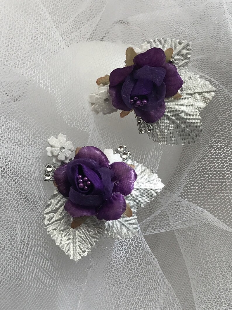 Silver Purple Silk Flower Hair Clips Bride Prom Flower Girl Etsy