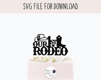 May include: Black and white silhouette of a cowboy hat, boot, and the words "Our 1st Rodeo" on a white cake.