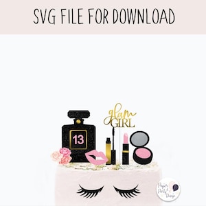 May include: A black and gold cake topper with the words "glam girl" and a pink number 13. The topper also includes a black perfume bottle, a pink lipstick, a black mascara wand, and a pink and gray compact.