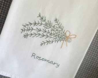 Rosemary Herb kitchen tea towel hand embroidered flour sack