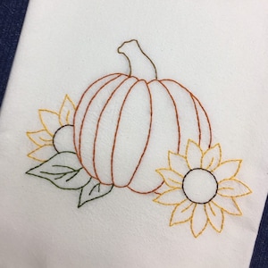 Pumpkin and Sunflowers embroidered Tea Towel