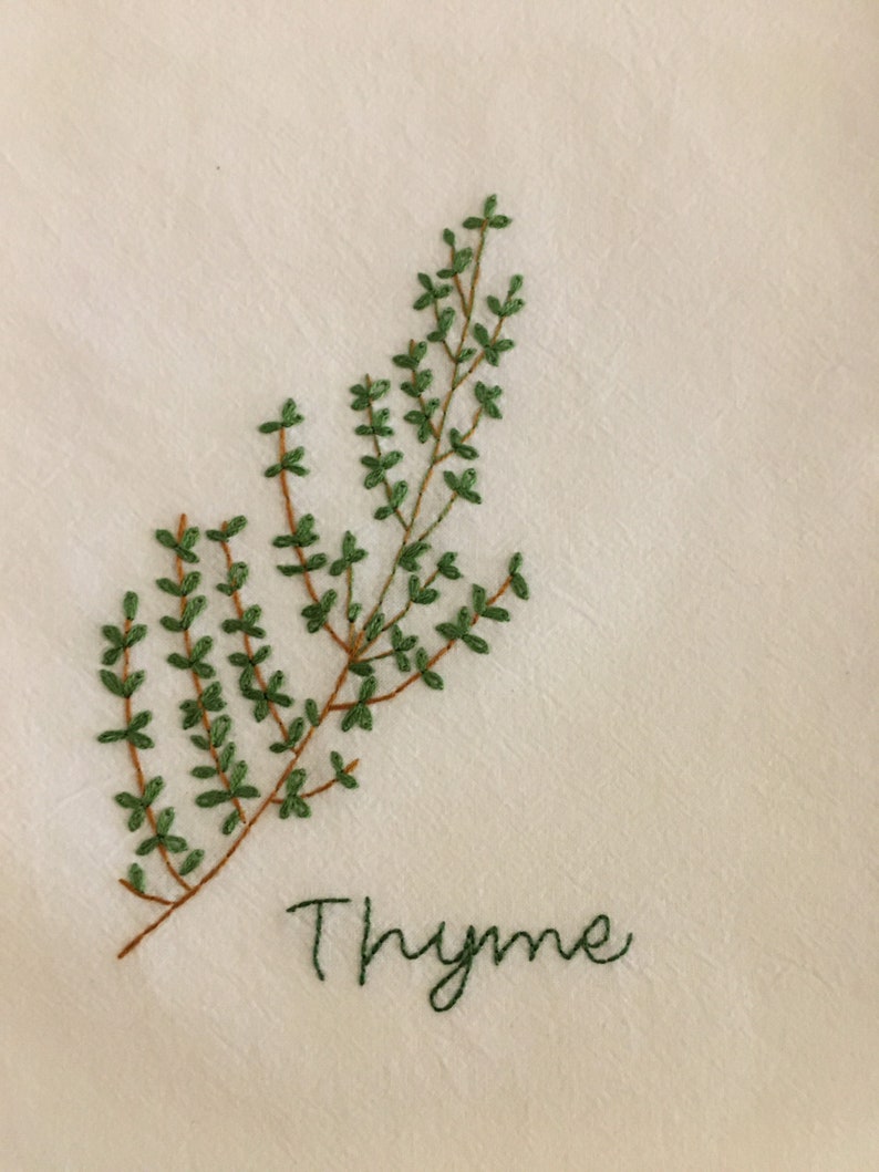 Herb Kitchen Tea Towel Thyme Hand Embroidered Etsy
