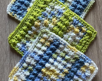 Crochet Dishcloths Set of 3 in yellow, blue, and green