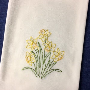 Hand Embroidered Daffodils Flour Sack Towel Spring Kitchen Decor