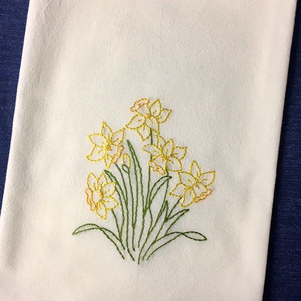 Hand Embroidered Daffodils Flour Sack Towel Spring Kitchen Decor