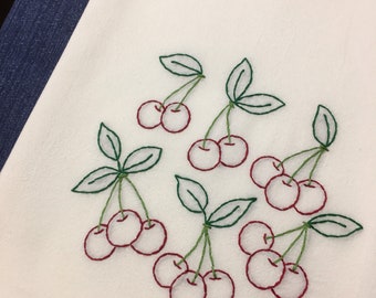 Cherries Tea Towel Hand Embroidered