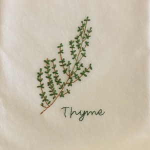 Herb Kitchen Tea Towel Thyme hand embroidered