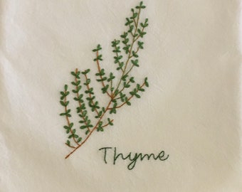 Herb Kitchen Tea Towel Thyme hand embroidered