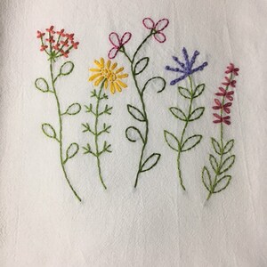 Puede incluir: Tela blanca con bordados de flores silvestres en tonos rojos, amarillos, morados y rosas. Las flores est&aacute;n bordadas con tallos y hojas verdes. El bordado es un dise&ntilde;o floral decorativo.