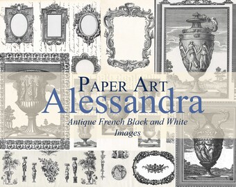 French Antique Black and White Images, Digital Paper, Antique French Frames Prints, Illustration Digi, Digital Kit, Journal Pages Downloads