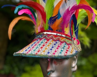 multicoloured feathered sun hat