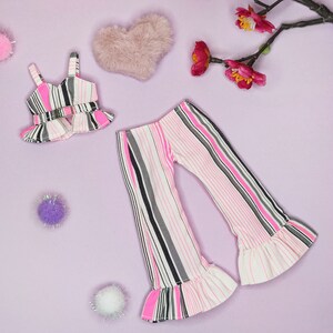 Outfit: tank top with gathered flared pants in striped fabric for fashion dolls.