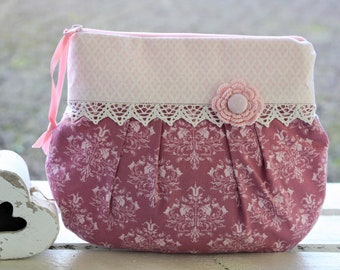 Cosmetic bag, make-up bag, pink, romantic, playful, Bemali, vintage, wedding bag, clutch, knick-knack bag, crochet flower