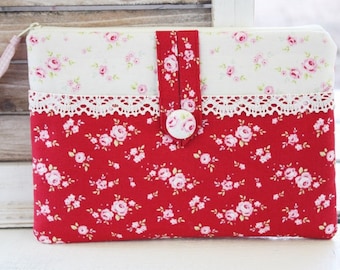 E-reader bag (6 inch devices), e-reader case, e-reader case, e-reader bag, flowers, dots, bemali, red, romantic, playful, lace