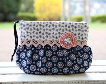 Make-up bag, cosmetic bag, romantic, playful, lace, vintage, knick-knack bag, bemali, crochet flower, wedding bag, blue