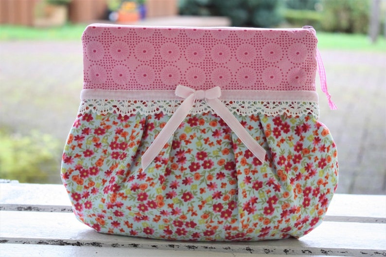 Cosmetic bag, make-up bag, clutch, bucket bag, knick-knack bag, toiletry bag, flowers, playful, romantic, pink, lace, Bemali image 1