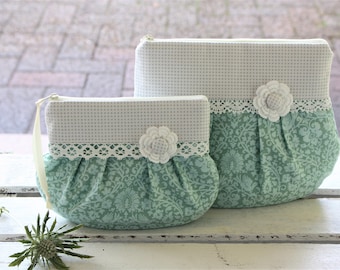 Make-up bag, cosmetic bag, romantic, playful, lace, vintage, knick-knack bag, bemali, crochet flower, wedding bag