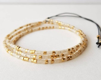 Dainty White Gold Bead Bracelet, Tiny Seed Bead Multi Wrap String Bracelet, Minimalist Gold Bead Necklace, Mothers Day Gift For Her