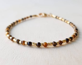 Dainty Tigers Eye Bracelet, Tiny Bead Gemstone Bracelet, 18k Gold-Filled Clasp, Boho Tiger Eye Jewelry, Mothers Day Gift For Her