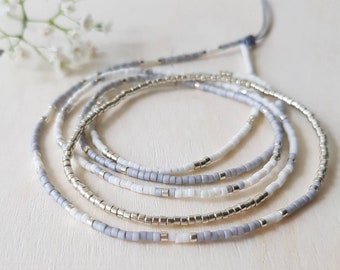 Dainty Silver Grey and White Long Tiny Seed Bead Wrap Bracelet, Silver Bead Jewelry, Dainty Long Beaded Necklace, Mom Gift for Her