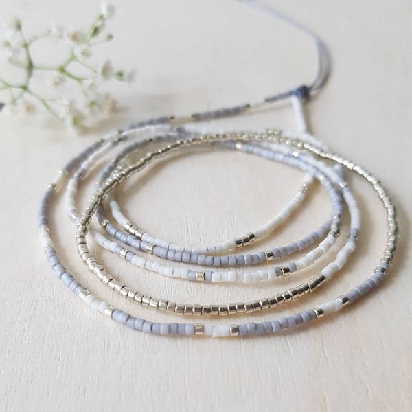 Dainty Silver Grey and White Long Tiny Seed Bead Wrap Bracelet, Silver Bead Jewelry, Dainty Long Beaded Necklace, Mom Gift for Her