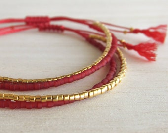 Red String Bracelet, Gold and Red Seed Bead Bracelet, Minimalist Thin Bracelet, Gift for Her, Dainty Tiny Beaded Stacking Bracelet