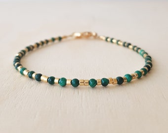 Dainty Dark Green Malachite Gemstone Bracelet, Tiny Bead Crystal Bracelet, Taurus Zodiac Jewelry, Birthday Gift For Her Sister Daughter Mom