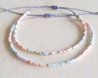 Dainty Pastel Ombre Tiny Bead Bracelet, Gold Seed Bead Bracelet, Thin Adjustable Minimalist String Bracelet, Friendship Girly Gift for Her