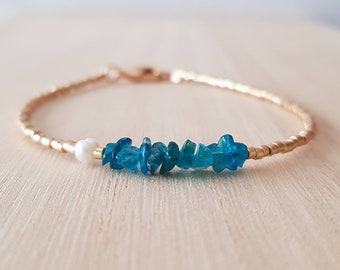 Dainty Blue Apatite Natural Gemstone Chip Crystal Bracelet, 18k Gold-Filled Clasp, Tiny Gold Seed Bead Stacking Bracelet, Mothers Day Gift