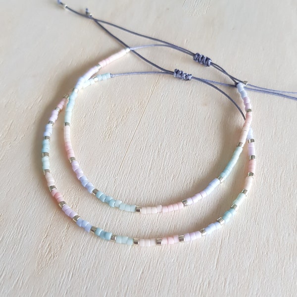 Silver Dainty Pastel Ombre Tiny Bead Bracelet, Multicolor Seed Bead String Bracelet, Minimalist Jewelry, Girly Style Gift for Her