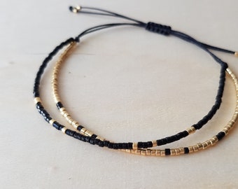 Dainty Black Gold Beaded String Bracelet, Adjustable Minimalist Tiny Seed Bead Bracelet, Black Jewelry, Stocking Stuffer Gift For Mom