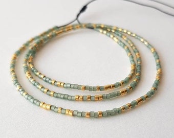 Minimalist Green Gold Bead Multi Wrap Bracelet, Dainty Tiny Seed Bead Layering String Bracelet, Mom Daughter Sister Friend Gift for Her