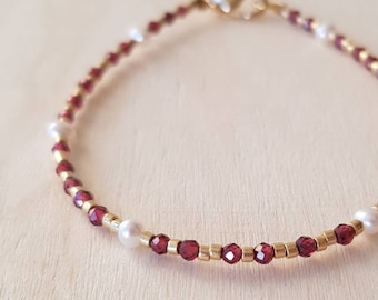 Dainty Red Garnet Gemstone Bracelet, January Birthstone Capricorn Aquarius, Mini Gemstone & Pearl Jewelry for Women, January Birthday Gift