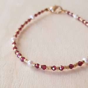 Dainty Red Garnet Gemstone Bracelet, January Birthstone Capricorn Aquarius, Mini Gemstone & Pearl Jewelry for Women, January Birthday Gift image 1