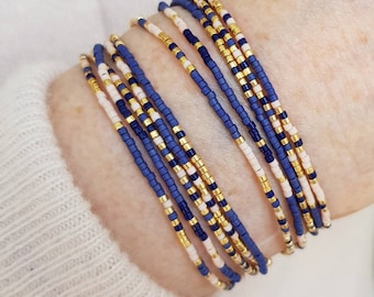 Dainty Dark Blue Gold and Pink Tiny Seed Bead Wrap Bracelet, Boho Navy Blue Beaded Bracelet, Minimalist Jewelry, Mothers Day Gift For Her