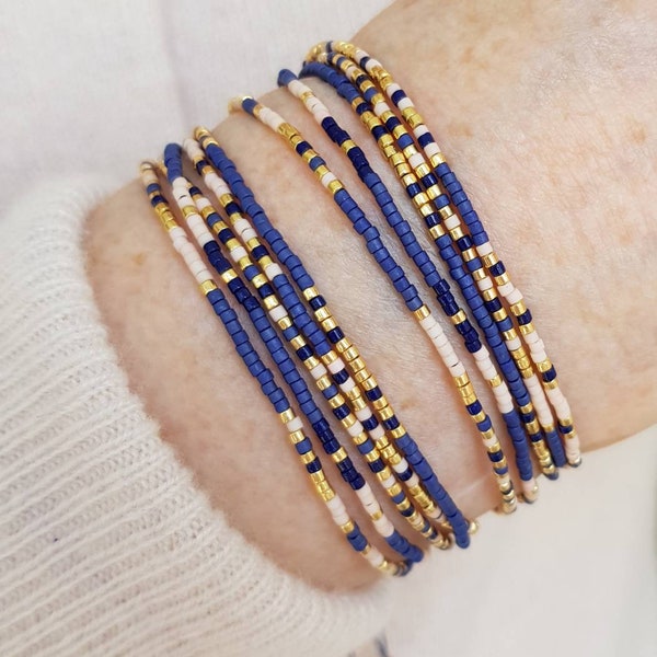 Dainty Dark Blue Gold and Pink Tiny Seed Bead Wrap Bracelet, Boho Navy Blue Beaded Bracelet, Minimalist Jewelry, Mothers Day Gift For Her