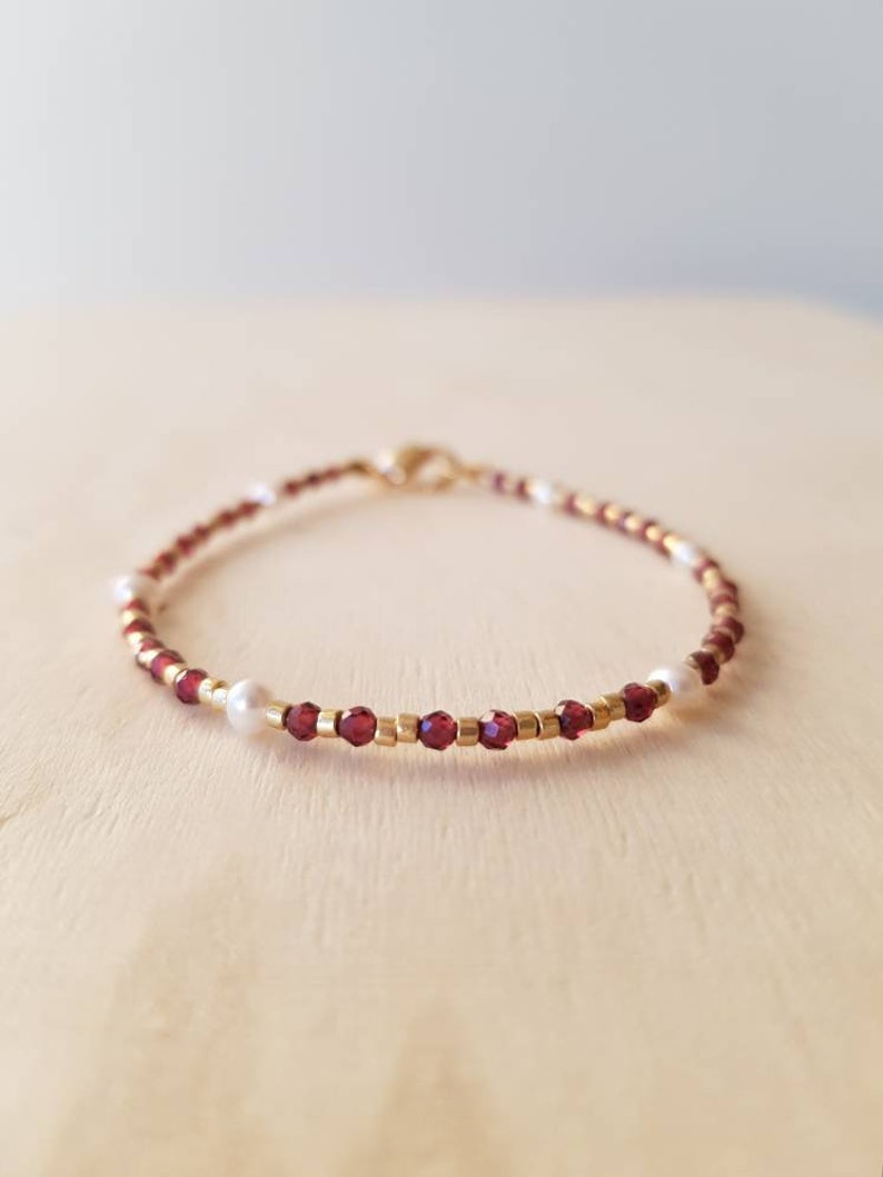 Dainty Red Garnet Gemstone Bracelet, January Birthstone Capricorn Aquarius, Mini Gemstone & Pearl Jewelry for Women, January Birthday Gift image 9