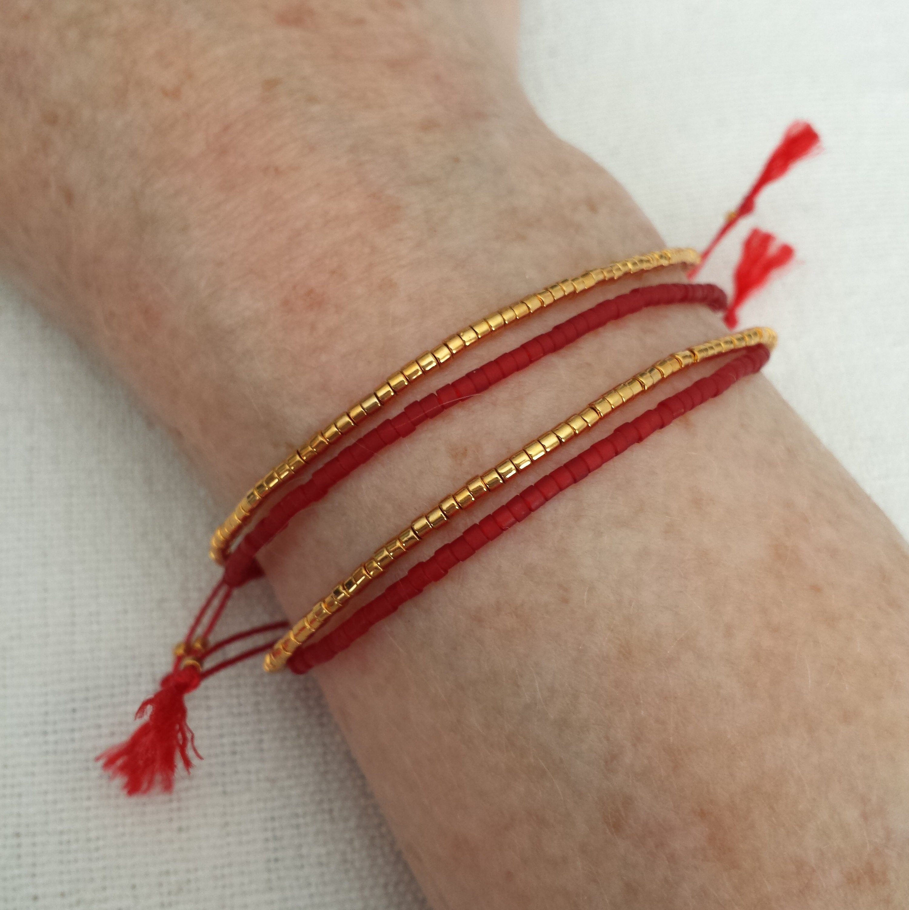 Red String Bracelet Gold and Red Seed Bead Bracelet Etsy UK