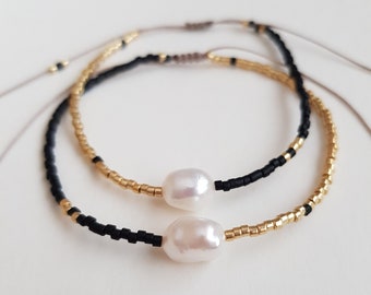 Dainty Black Gold Freshwater Pearl Bracelet, Adjustable Beaded String Bracelet, Minimalist Tiny Seed Bead Bracelet, Mothers Day Gift For Her