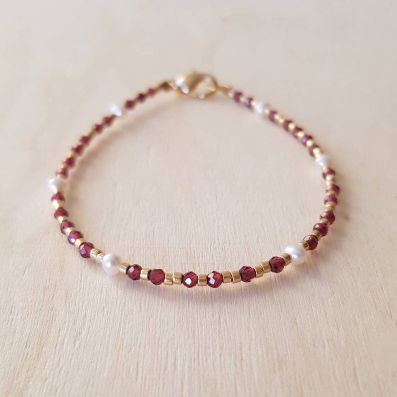 Dainty Red Garnet Gemstone Bracelet, January Birthstone Capricorn Aquarius, Mini Gemstone & Pearl Jewelry for Women, January Birthday Gift image 1