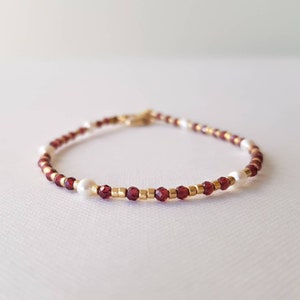 Dainty Red Garnet Gemstone Bracelet, January Birthstone Capricorn Aquarius, Mini Gemstone & Pearl Jewelry for Women, January Birthday Gift image 5