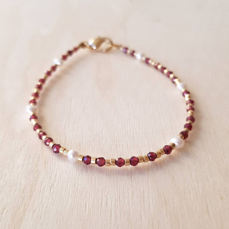 Dainty Red Garnet Gemstone Bracelet, January Birthstone Capricorn Aquarius, Mini Gemstone & Pearl Jewelry for Women, January Birthday Gift image 6