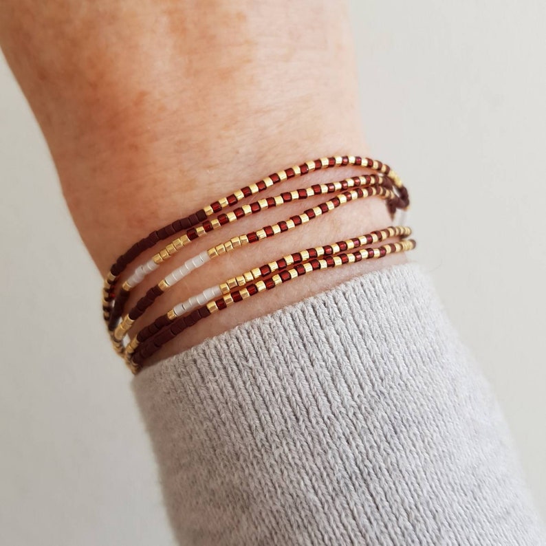 Dainty Cranberry Red Gold Tiny Seed Bead Multi Wrap Bracelet or Long Necklace Colorful Multicolor String Bracelet Gift for Her