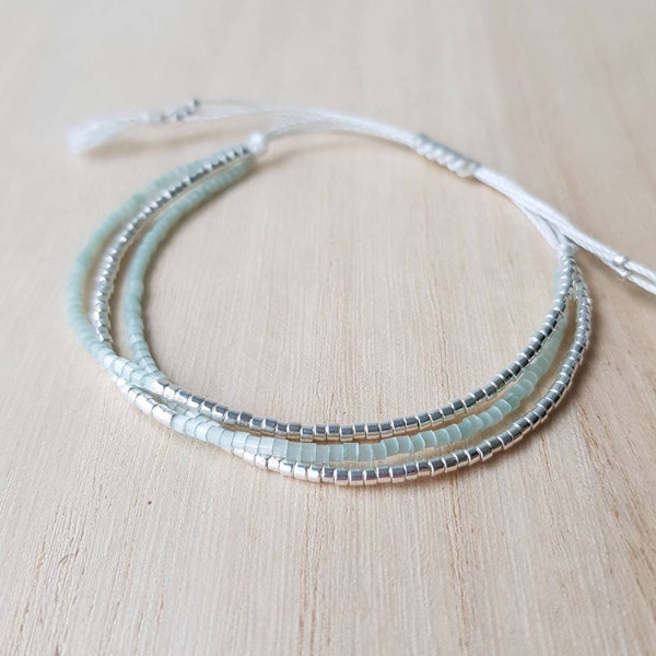 Pale Green and Silver Tiny Bead Bracelet, Minimalist Bracelet, Boho Jewelry, Miyuki Seed Bead Bracelet